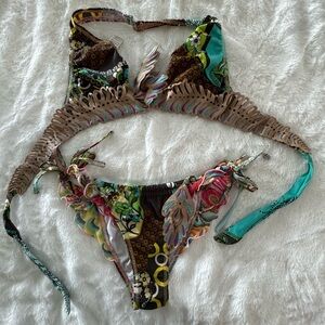 Agua Bendita Brown & Turquoise Bikini with Details size Large